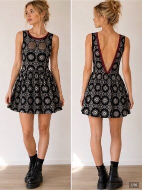 Free People Open Back Cutout Dress Black Embroidered Boho Festival Goth Small